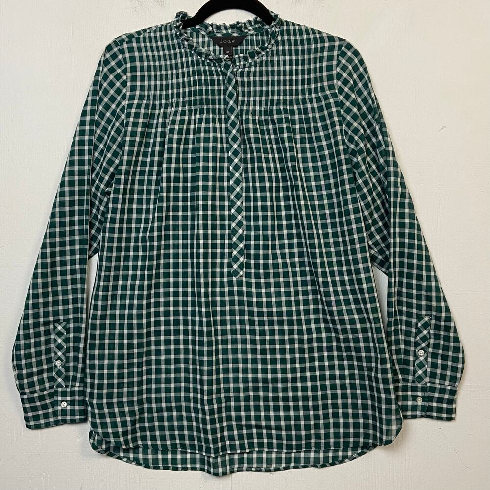 J.Crew Green High Neck Ruffle Popover Mini Windowpane Shirt Top Cottage 10T